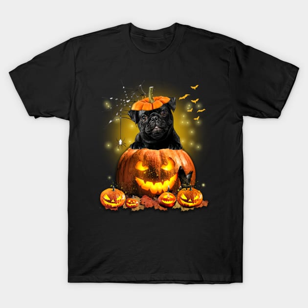 Black Pug Spooky Halloween Pumpkin Dog Head T-Shirt by Centorinoruben.Butterfly